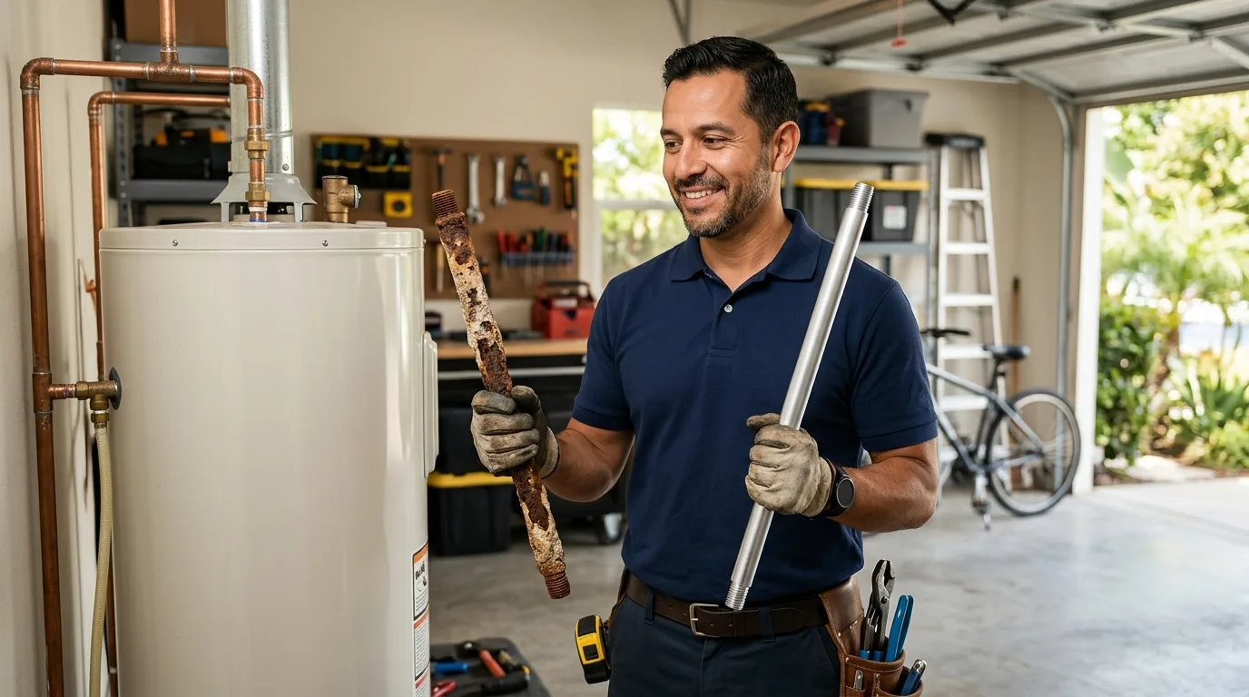 A plumber holding a corroded magnesium anode rod pulled from a water heater tank next to a new replacement rod in a San Diego garage