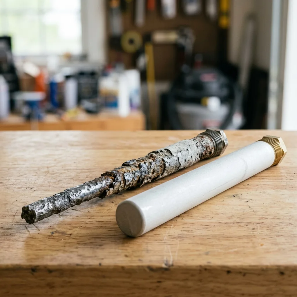 Close-up comparison of a heavily corroded anode rod down to bare wire next to a new full-length anode rod