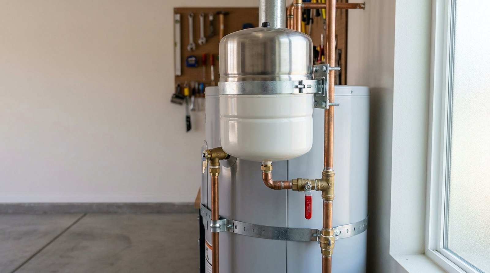 Un tanque de expansión térmica instalado en la línea de agua fría arriba de un calentador de agua residencial en un garaje de San Diego