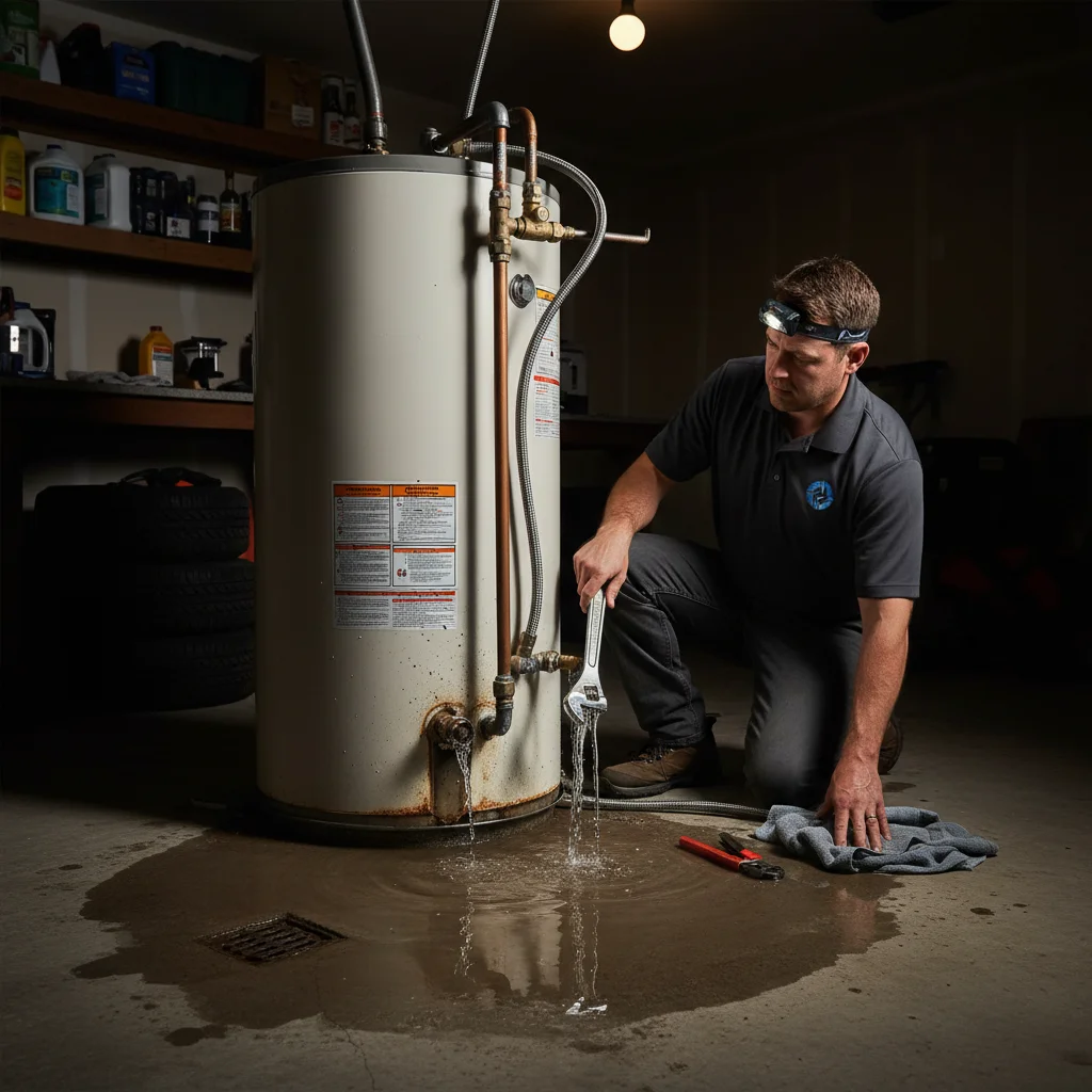 Water pooling on the floor around the base of a residential water heater in a dim garage