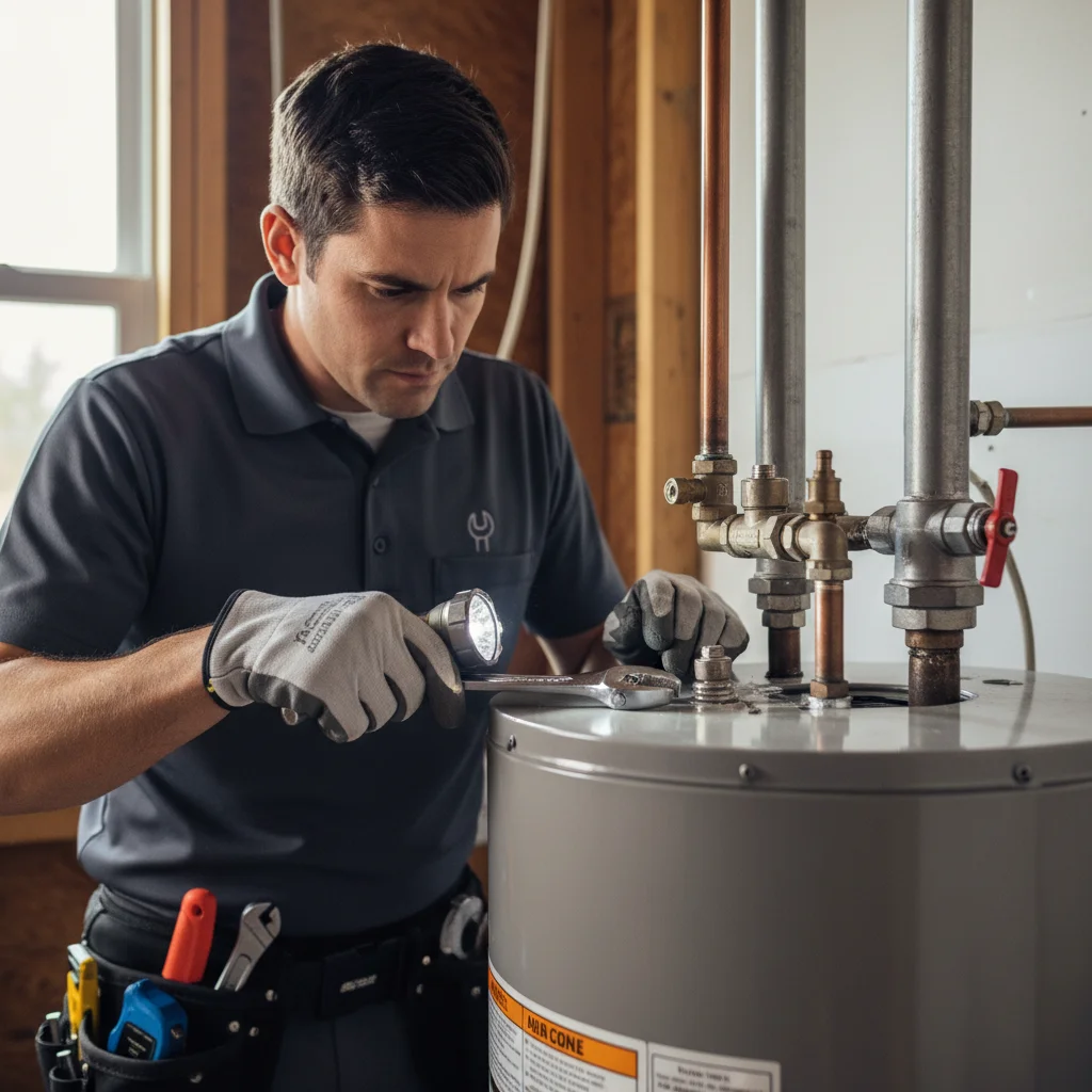 A plumber inspecting the top of a water heater with a flashlight, checking fittings and connections