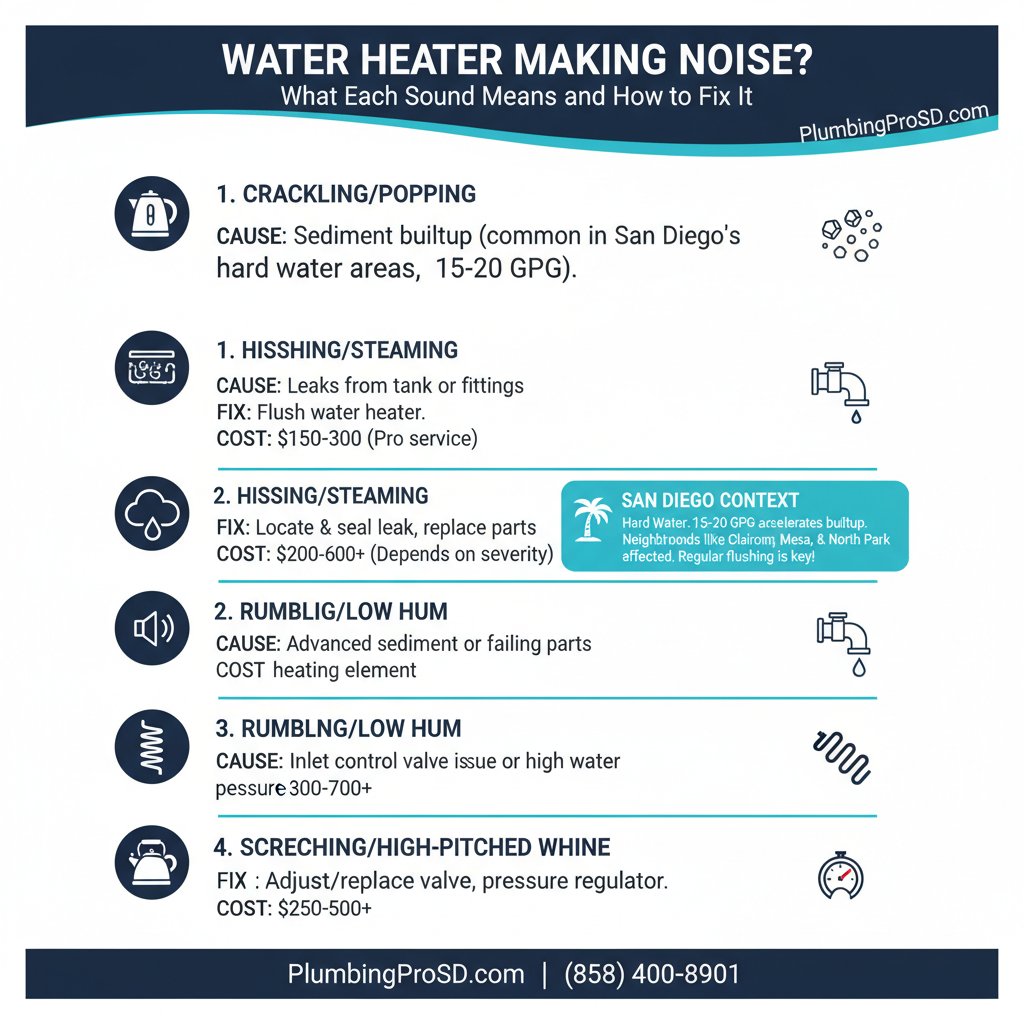 Infographic: Water Heater Making Noise? What Each Sound Means and How to Fix It — key facts and costs for San Diego homeowners