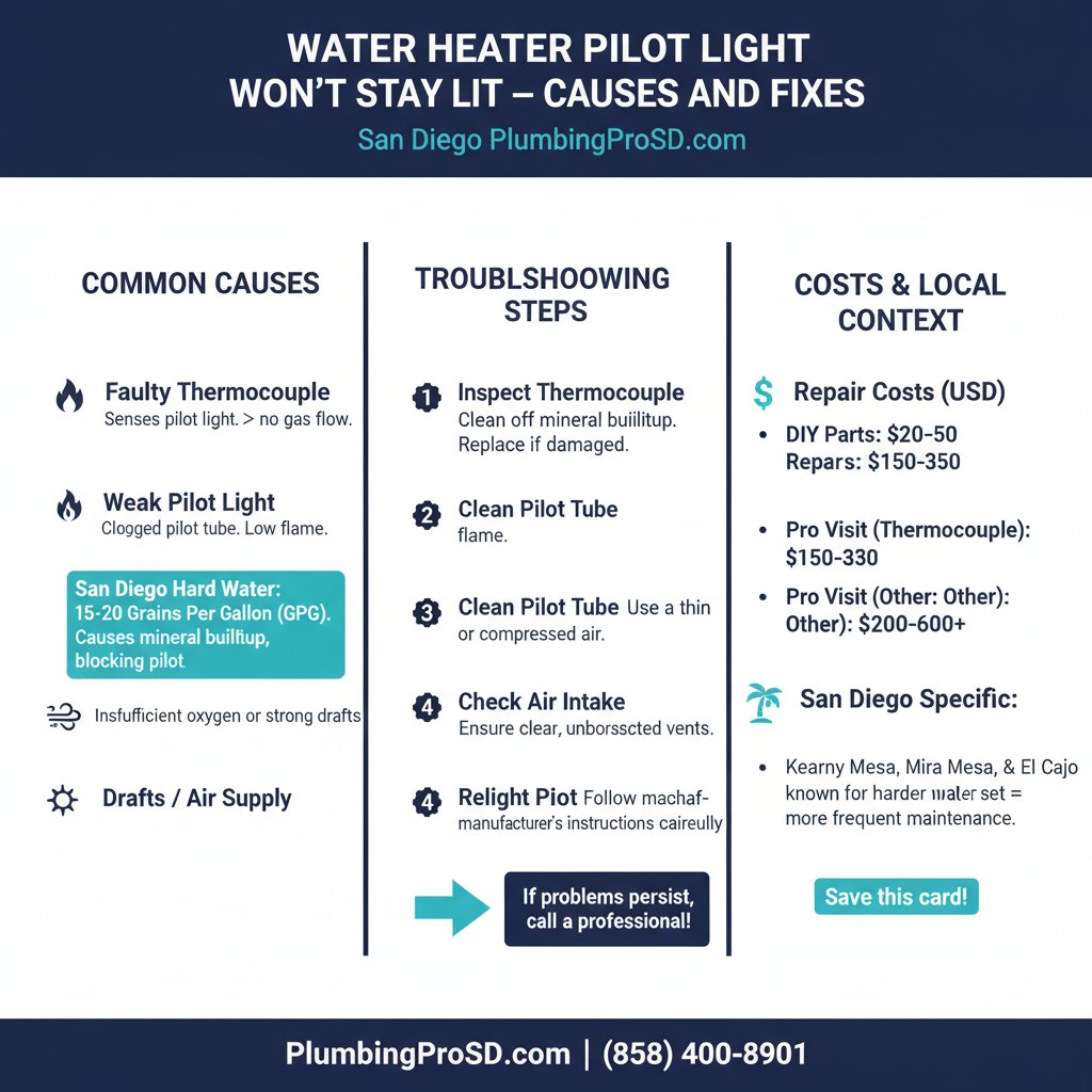 Infographic: Water Heater Pilot Light Won't Stay Lit — Causes and Fixes — key facts and costs for San Diego homeowners