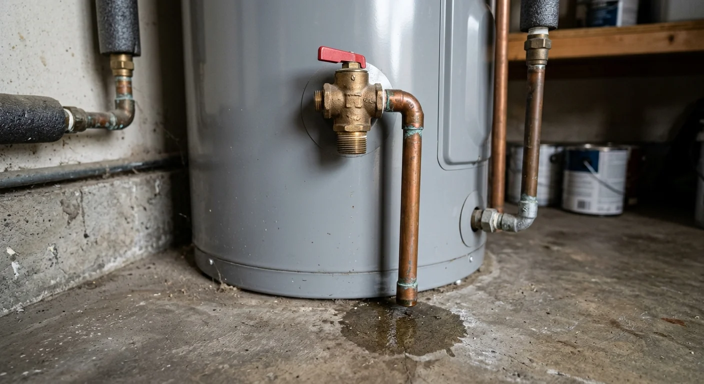 Close view of a residential water heater relief valve with a small damp area below it