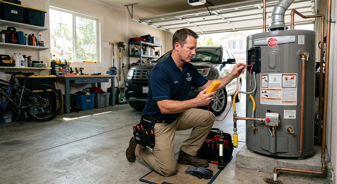 A licensed plumber inspecting a tank water heater in an Escondido home garage, daylight, professional, photorealistic