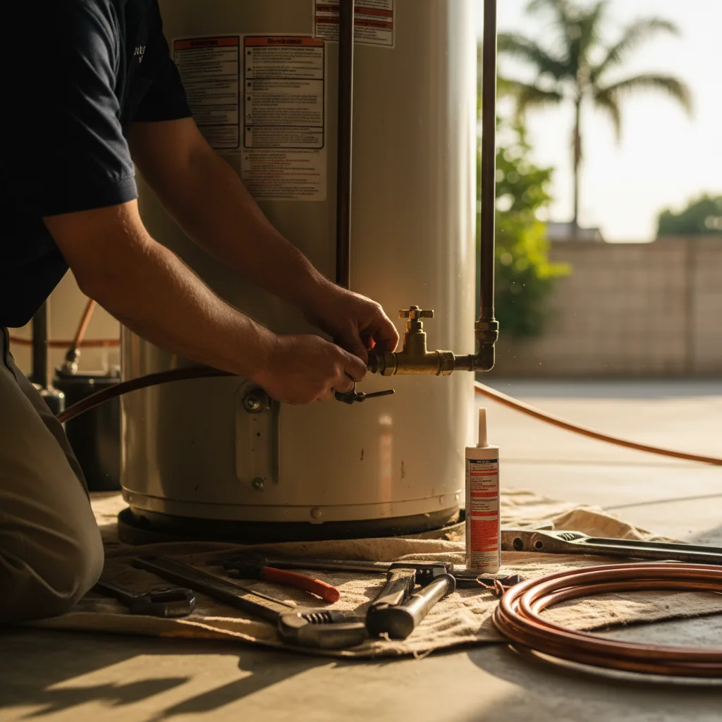 Close-up of a plumber's hands on a water heater valve, tools laid out, warm light, photorealistic