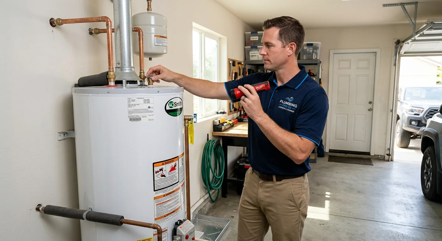 A licensed plumber in a clean uniform inspecting a residential tank water heater