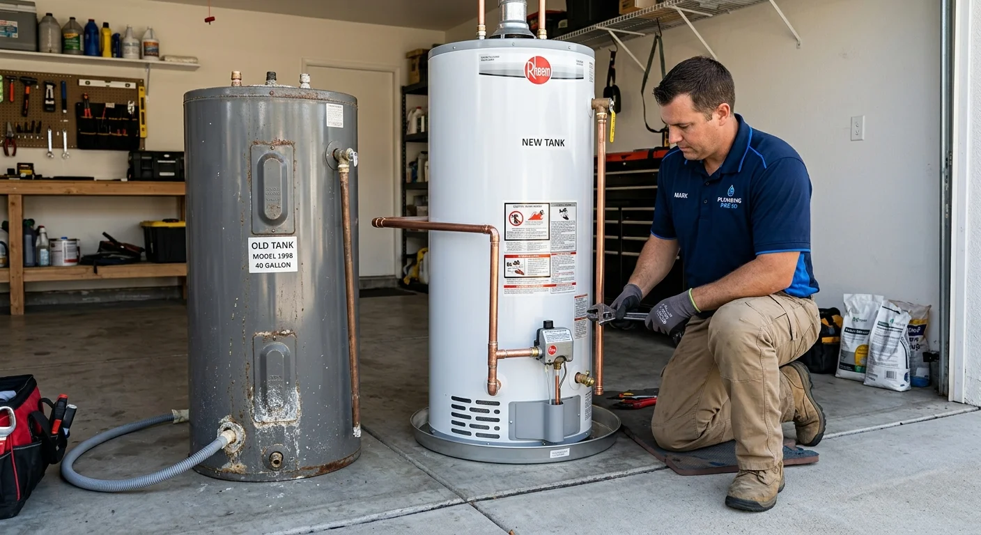 A brand new tank water heater being installed in a clean garage next to an old, slightly rusted one.