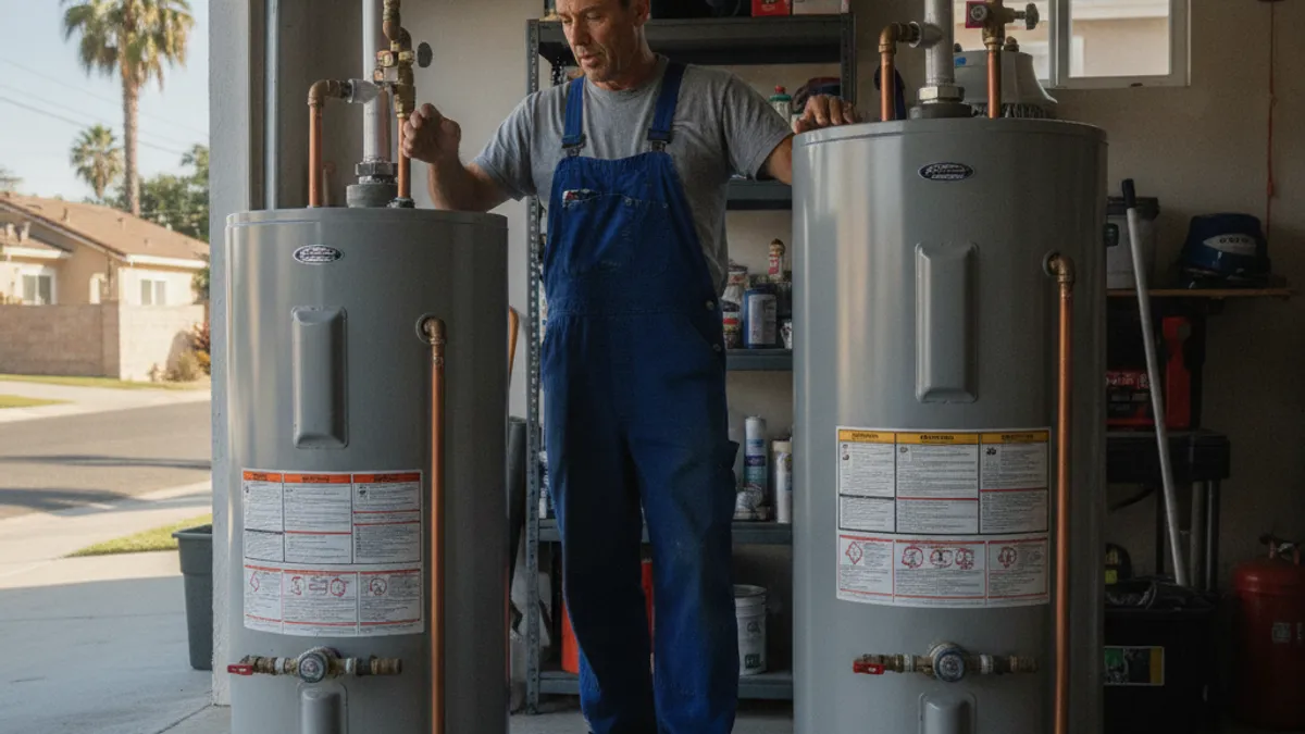 A plumber comparing a 40-gallon and a 50-gallon water heater tank side by side in a San Diego garage