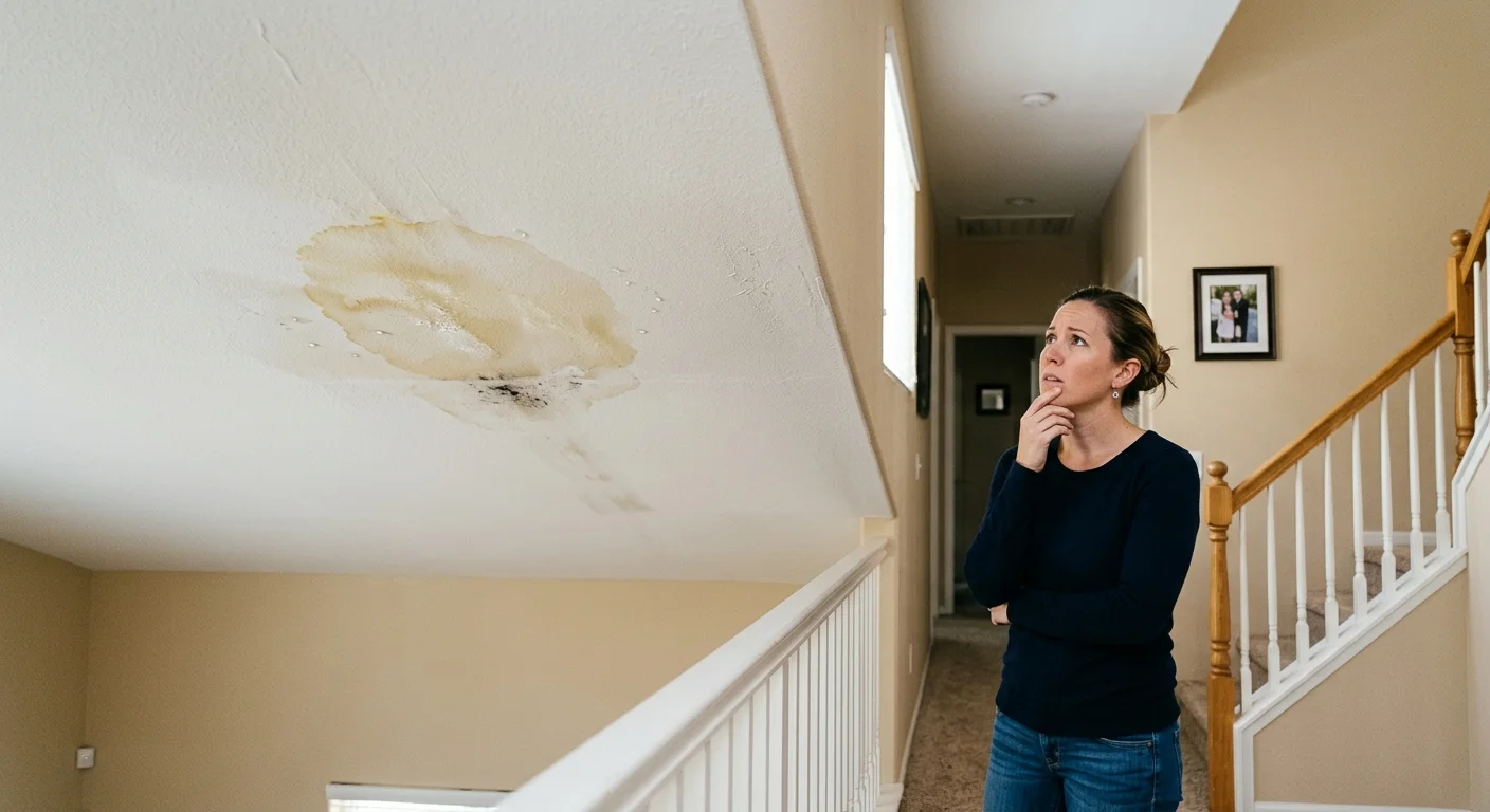 A homeowner noticing a small ceiling water stain below an upstairs bathroom
