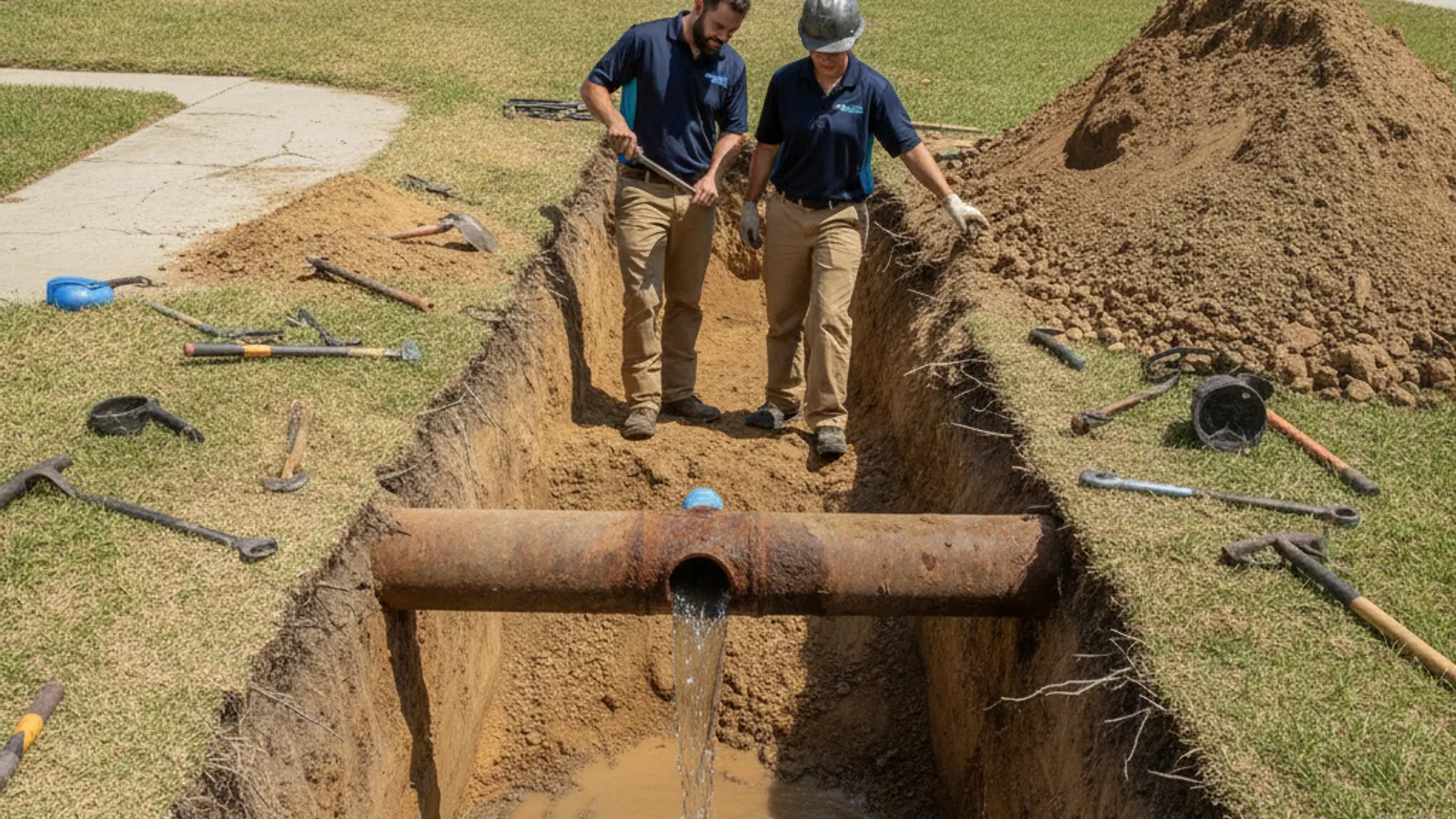A trench along a residential yard exposing a water supply line near the sidewalk