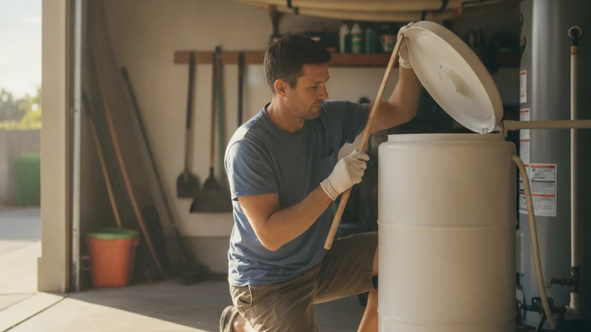 A homeowner checking salt levels in a water softener brine tank in a San Diego garage