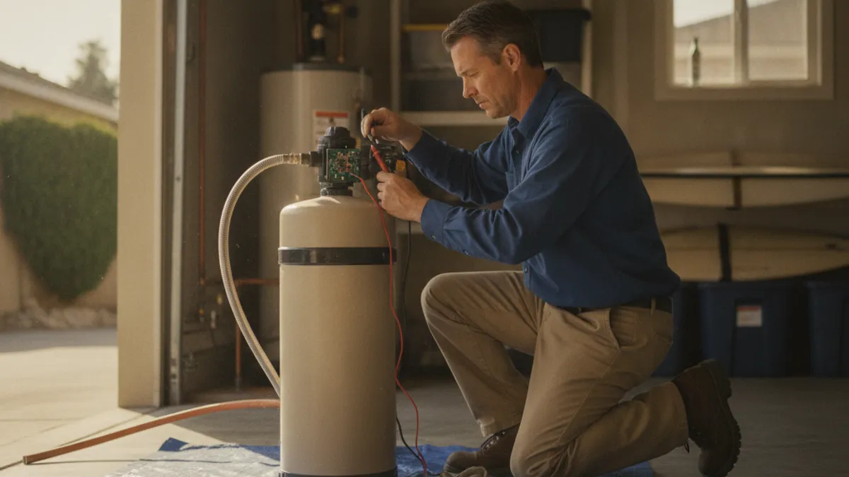 A plumber diagnosing a water softener control valve head in a San Diego home