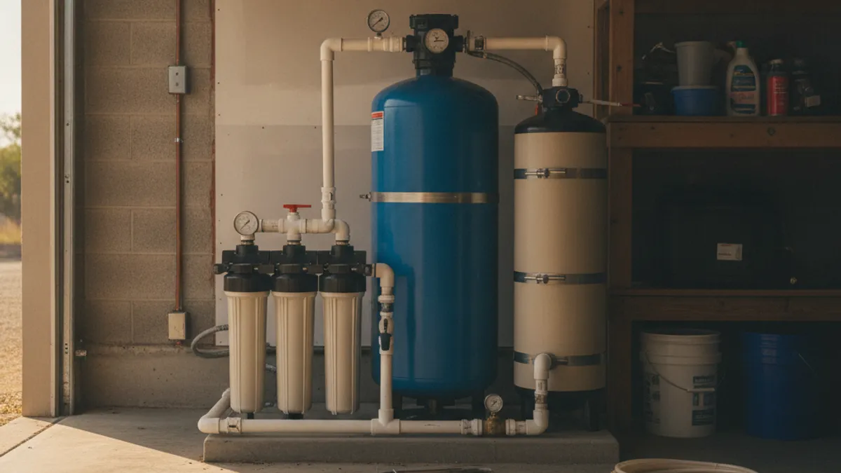 A private well pressure tank and filtration setup in a garage on a rural San Diego County property
