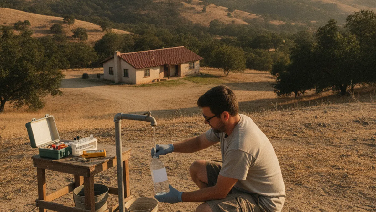 A homeowner collecting a water sample from an outdoor spigot for a private well water test in San Diego County