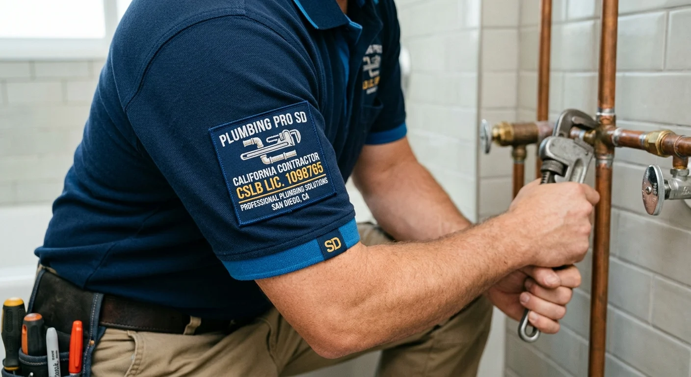 A close-up of a plumber's uniform sleeve with a patch showing a CSLB license number, professional and credible, photorealistic.
