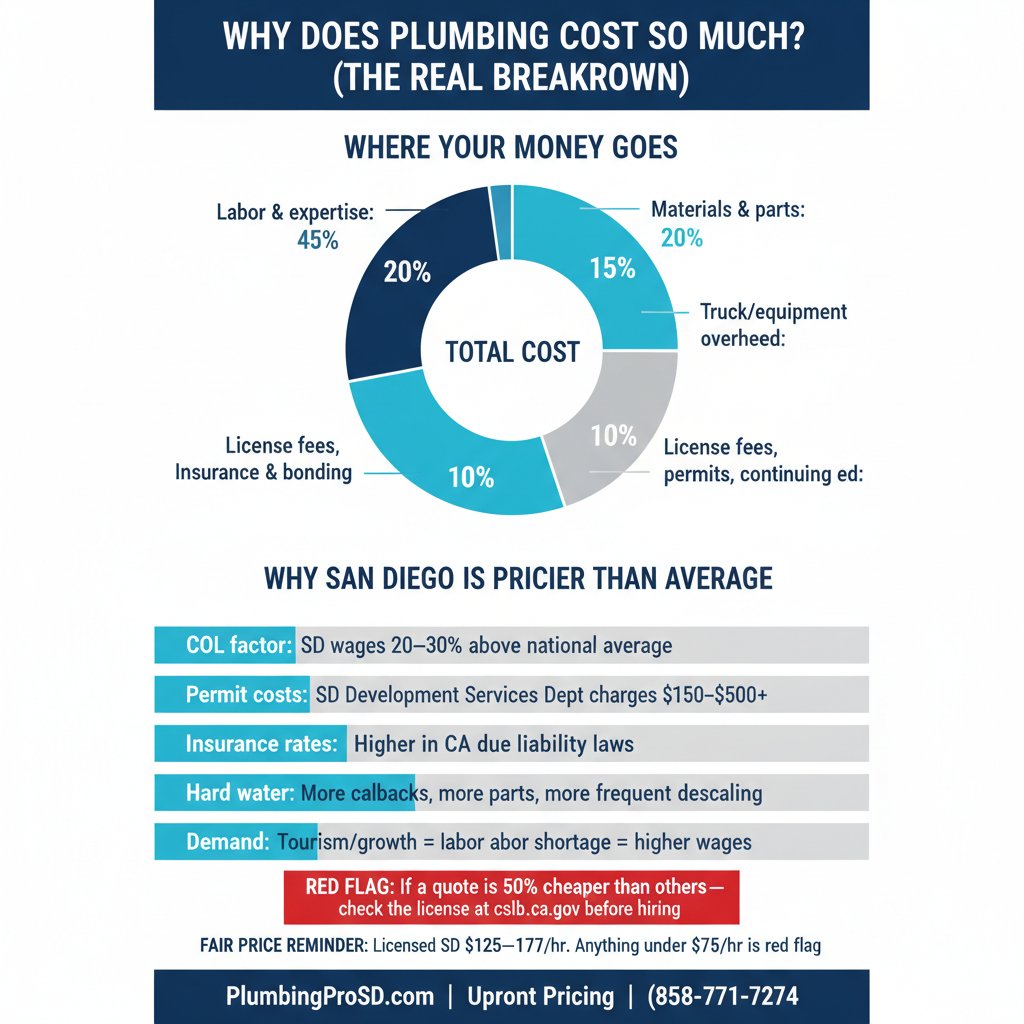 Infographic breaking down why plumbing is expensive in San Diego — labor, materials, licensing, and overhead costs