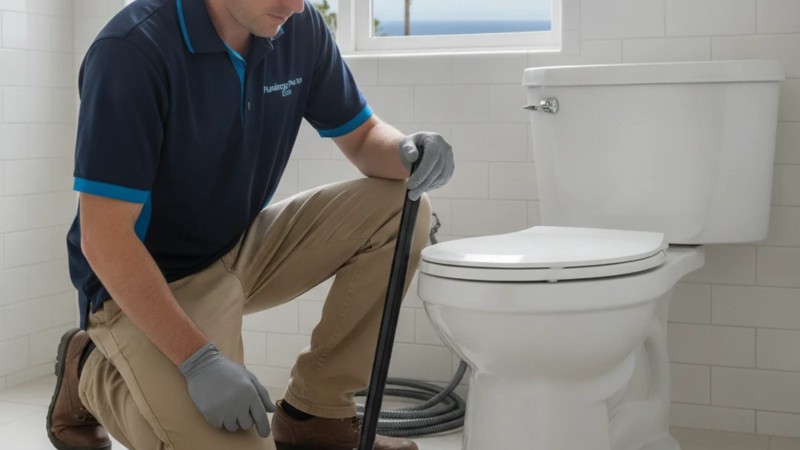 A toilet bowl with a plunger resting against the base in a San Diego bathroom