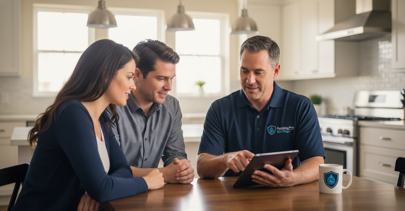 Plumber explaining work to a homeowner