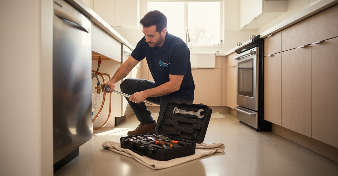 hero-home.jpg — Plumber working under a sink in a modern San Diego kitchen